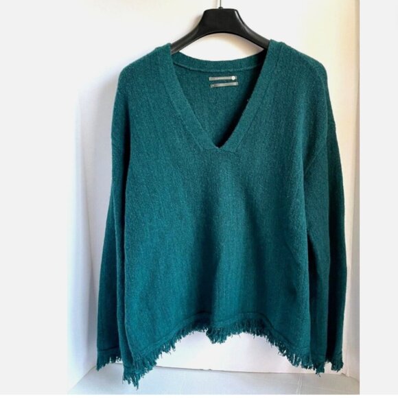 Anthropologie Wool Alpaca V-Neck Sweater Green Fringe Long Sleeve M - Picture 4 of 10